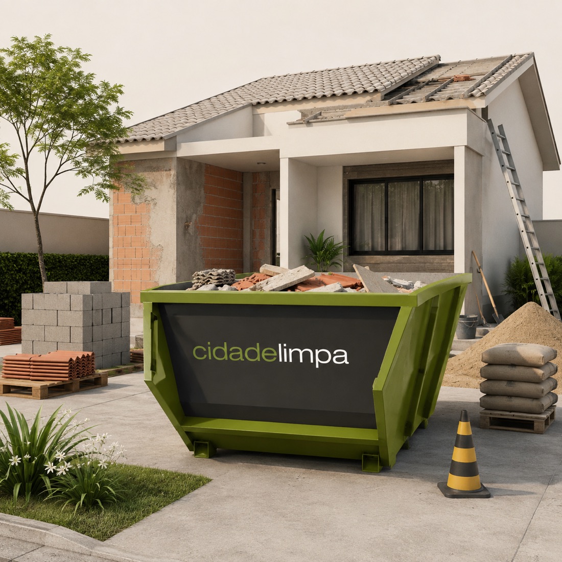 Ilustração de caçamba em uma obra residencial