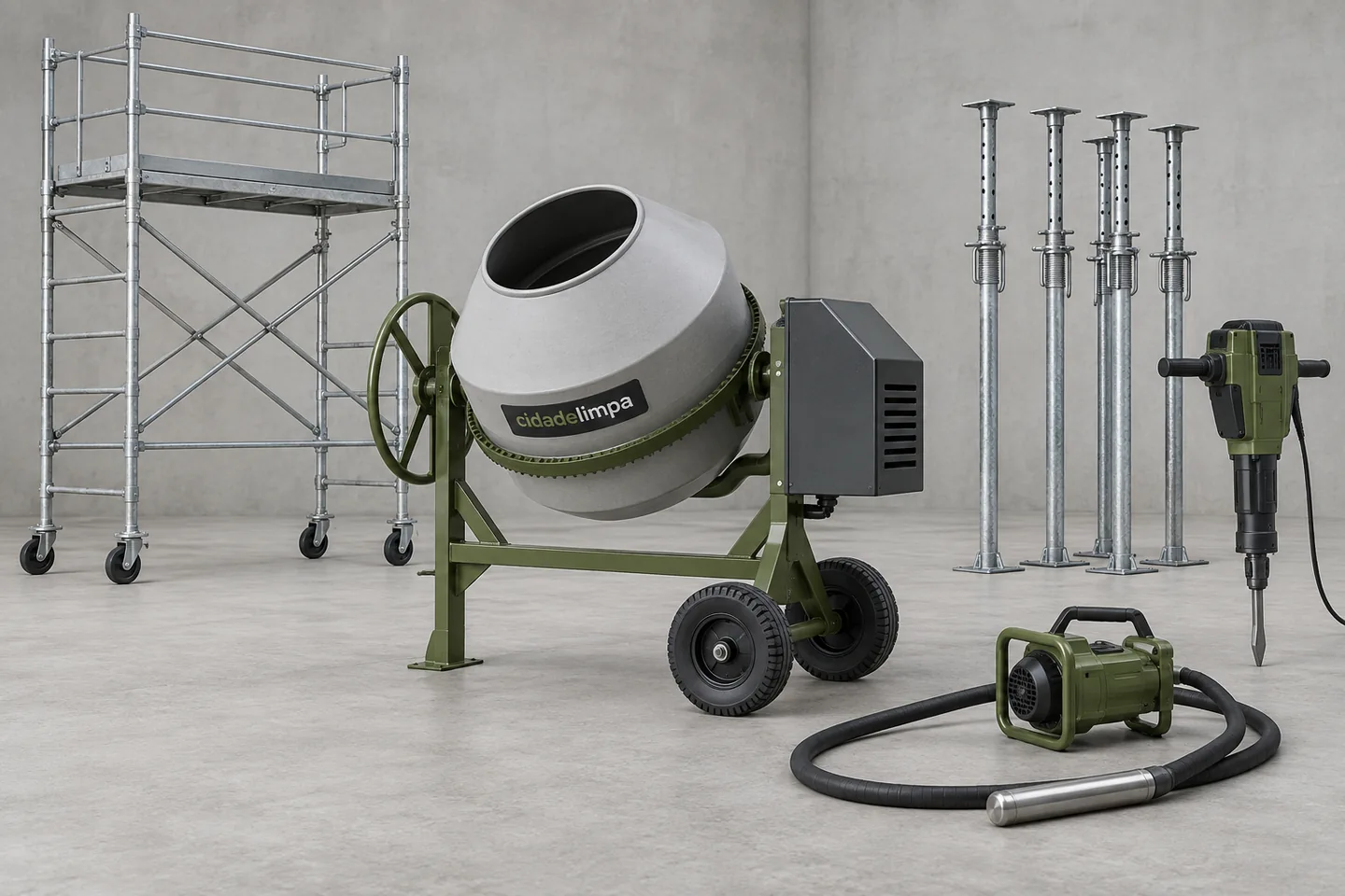 Ilustração de equipamentos para construção em cinza-claro e verde