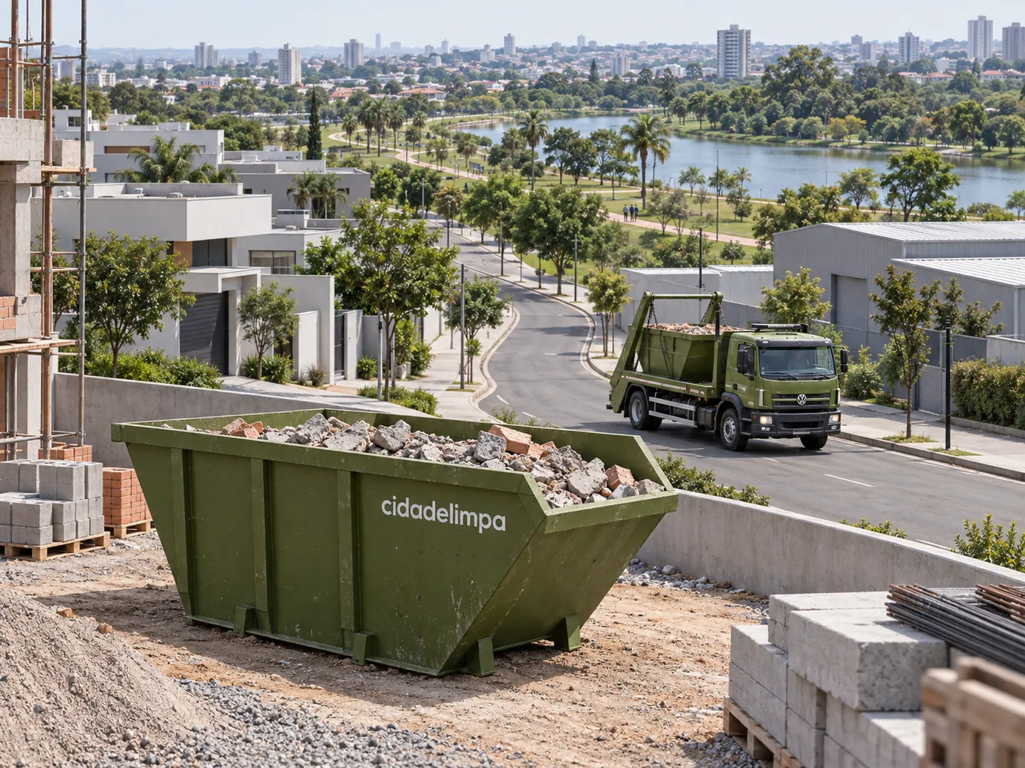 Ilustração de caçamba Cidade Limpa e percurso de entrega entre obras, empresas e uma paisagem inspirada no Parque Ecológico de Indaiatuba